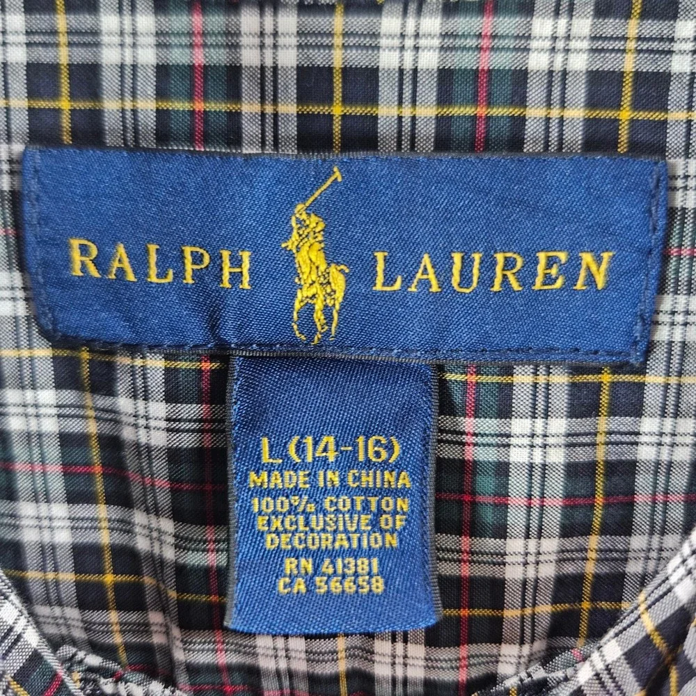 Ralph Lauren Boys Large 14-16 Plaid Button‎ Down Shirt Navy Green Cotton Pony